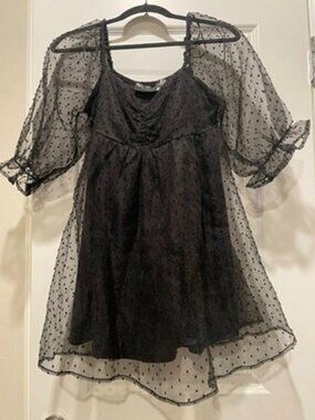Maverick The Collection Black Sheer Polka Dot Babydoll Dress NWT